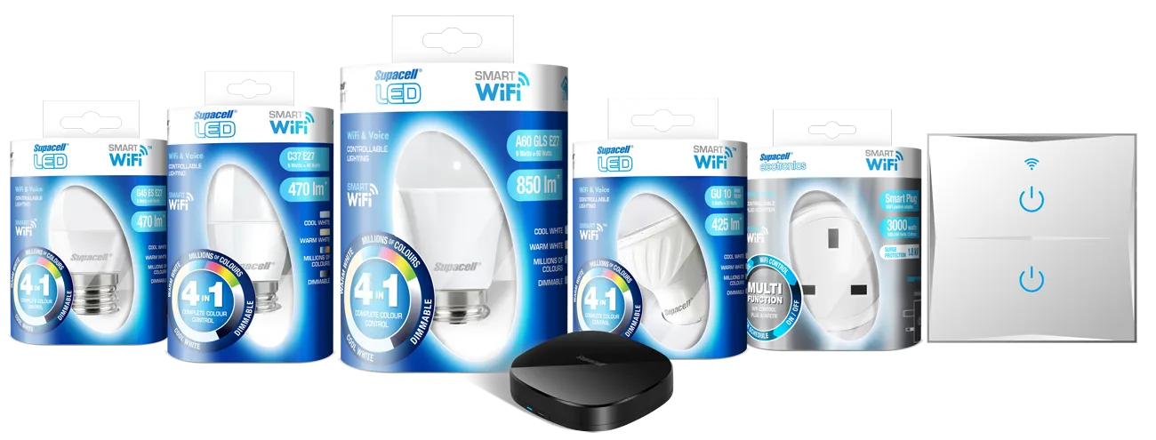The Supacell Smart range: LED bulbs, plugs, power strip, wall switches and IR controller