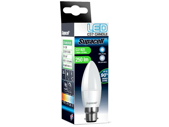 Supacell LED Basic range Candle C37 bulb and packaging