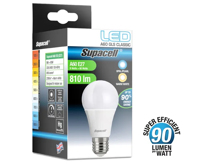 Supacell LED Basic range GLS A60 bulb and packaging