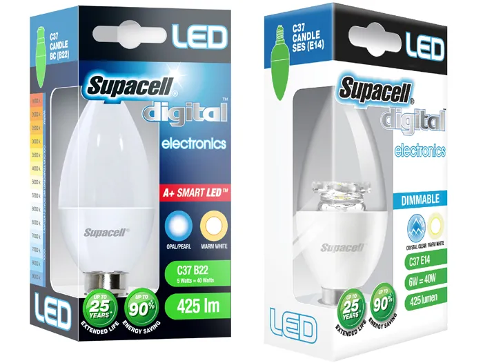 Supacell LED Candle C37 light bulbs and packaging