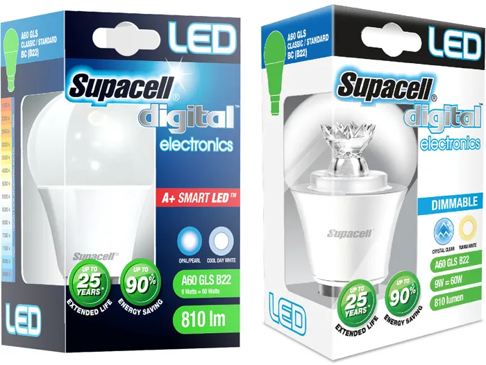 Supacell LED GLS A60 light bulbs and packaging