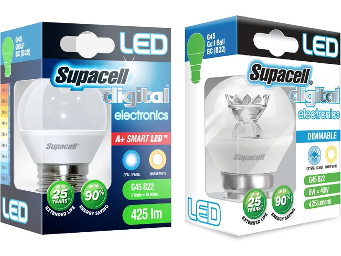 Supacell LED Golf G45 light bulbs and packaging