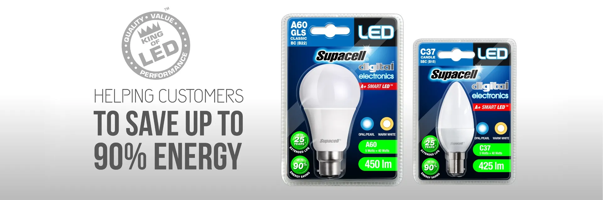 King of LED – helping customers to save up to 90% energy: Supacell LED A60 GLS and C37 candle bulbs