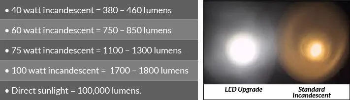Watts to lumens guide: 40 watt incandescent = 380–460 lumens; 60 watt = 750–850 lumens; 75 watt = 1100–1300 lumens; 100 watt = 1700–1800 lumens; direct sunlight = 100,000 lumens. LED upgrade compared with a standard incandescent bulb.