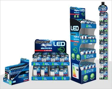 Supacell LED retail display stands with a range of bulb types