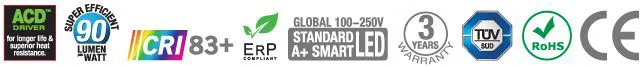 ACD driver, super efficient 90 lumen per watt, CRI 83+, ErP compliant, global 100–250V standard A+ Smart LED, 3 years warranty, TÜV SÜD, RoHS and CE
