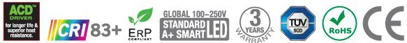 ACD driver, CRI 83+, ErP compliant, global 100–250V standard A+ Smart LED, 3 years warranty, TÜV SÜD, RoHS and CE