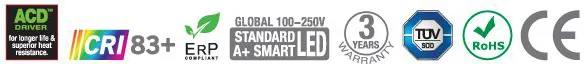 ACD driver, CRI 83+, ErP compliant, global 100–250V standard A+ Smart LED, 3 years warranty, TÜV SÜD, RoHS and CE