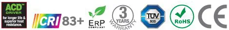 ACD driver, CRI 83+, ErP compliant, 3 years warranty, TÜV SÜD, RoHS and CE