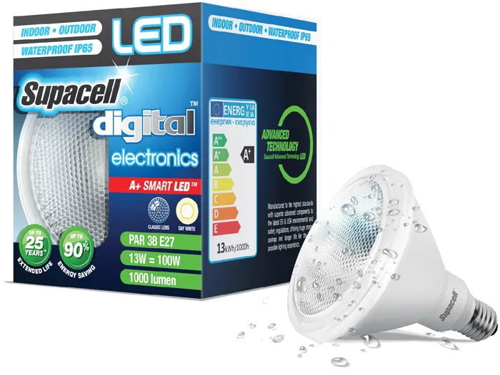 Supacell LED PAR IP65 outdoor lamps and packaging