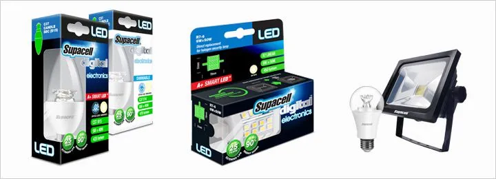 Supacell LED candle bulbs, a tube and a floodlight