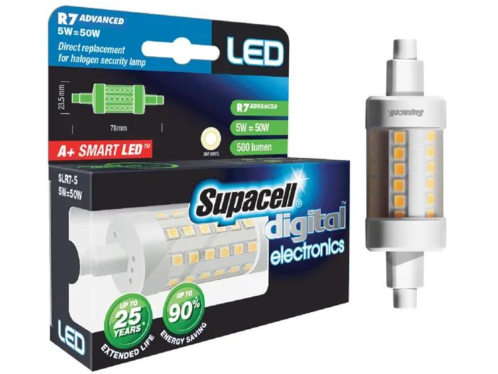 Supacell LED R7 flood lamps and packaging