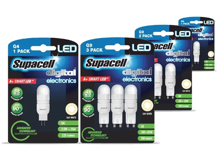Supacell LED G4 and G9 capsule lamps and packaging