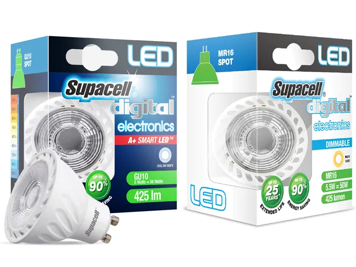 Supacell LED GU10 and MR16 spotlights and packaging