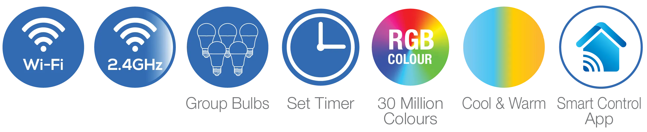 Smart LED features: Wi-Fi, 2.4GHz, group bulbs, set timer, RGB 30 million colours, cool & warm, Smart Control App