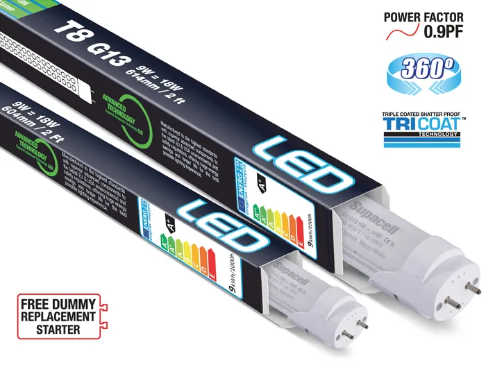 Supacell LED T8 and T5 tubes and packaging