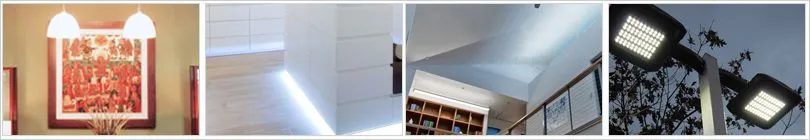 LED lighting in use: spotlights, strip lighting, ceiling lights and a floodlight